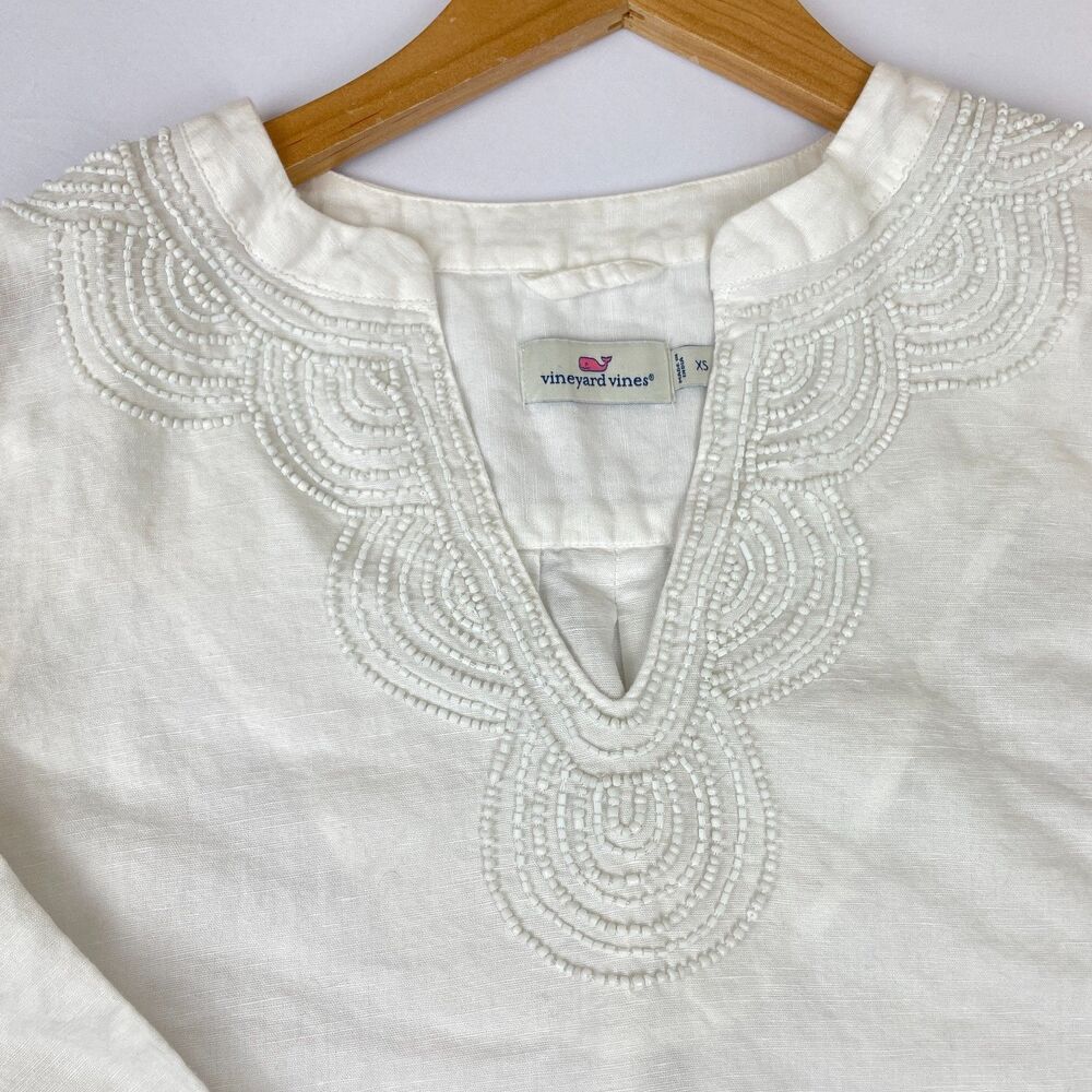 ~ Vineyard Vines XS Blouse Linen Cotton Beaded White Ivory Split Sleeve Hem Flaw - Picture 11 of 16